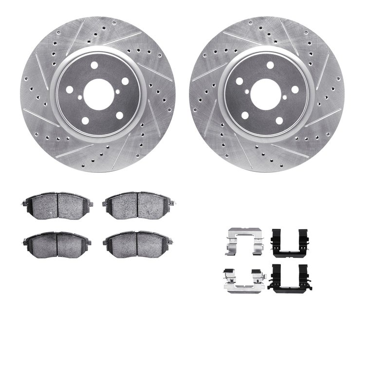 7312-13038 Drilled/Slotted Brake Rotor with 3000-Series Ceramic Brake Pads Kit & Hardware [Silver], 2006-2021 Subaru, Position: 