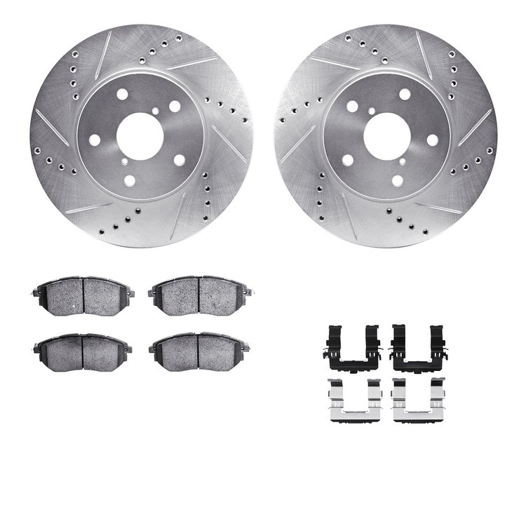 7312-13039 Drilled/Slotted Brake Rotor with 3000-Series Ceramic Brake Pads Kit & Hardware [Silver], 2015-2015 Subaru, Position: 