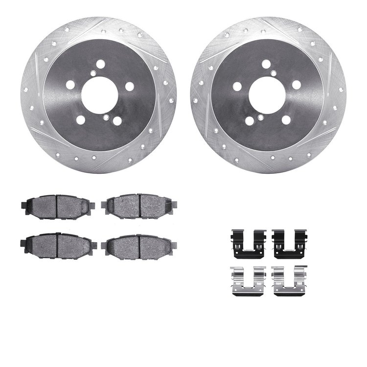 7312-13040 Drilled/Slotted Brake Rotor with 3000-Series Ceramic Brake Pads Kit & Hardware [Silver], 2005-2009 Subaru, Position: 