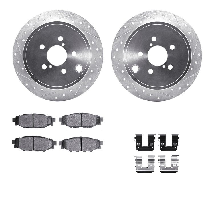 7312-13041 Drilled/Slotted Brake Rotor with 3000-Series Ceramic Brake Pads Kit & Hardware [Silver], 2008-2015 Subaru, Position: 