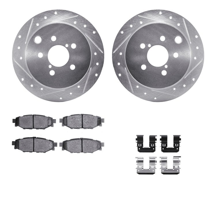 7312-13043 Drilled/Slotted Brake Rotor with 3000-Series Ceramic Brake Pads Kit & Hardware [Silver], Fits Select Subaru, Position