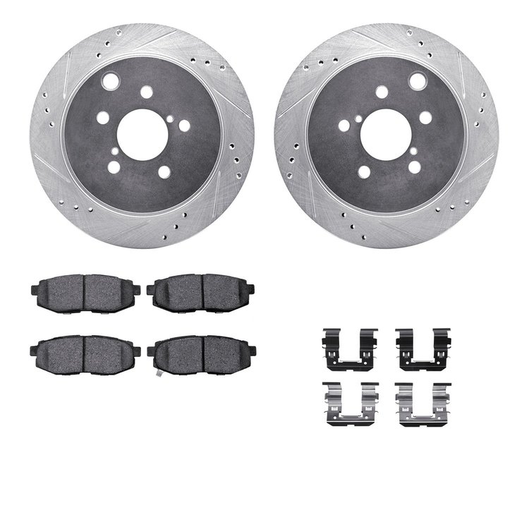 7312-13045 Drilled/Slotted Brake Rotor with 3000-Series Ceramic Brake Pads Kit & Hardware [Silver], 2014-2018 Subaru, Position: 