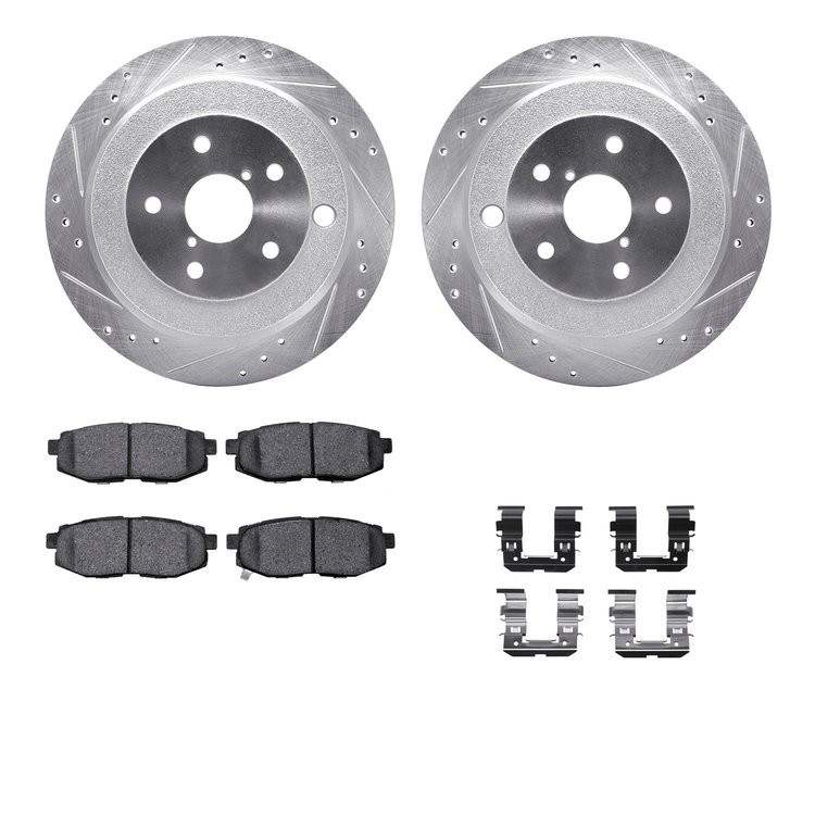 7312-13046 Drilled/Slotted Brake Rotor with 3000-Series Ceramic Brake Pads Kit & Hardware [Silver], 2006-2014 Subaru, Position: 