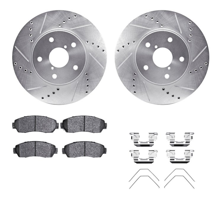 7312-13049 Drilled/Slotted Brake Rotor with 3000-Series Ceramic Brake Pads Kit & Hardware [Silver], 2016-2019 Subaru, Position: 