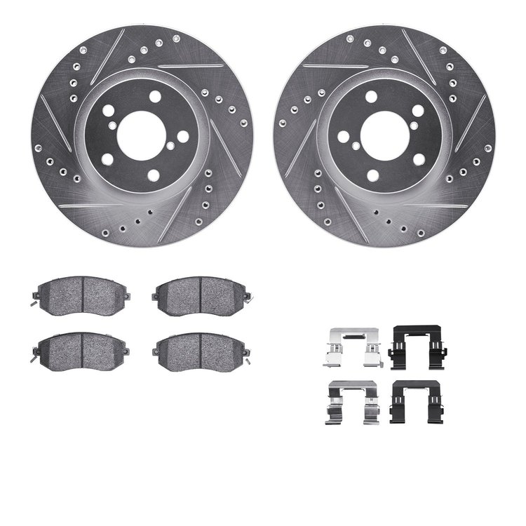 7312-13050 Drilled/Slotted Brake Rotor with 3000-Series Ceramic Brake Pads Kit & Hardware [Silver], 2011-2016 Subaru, Position: 