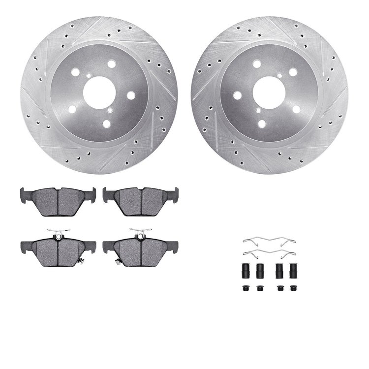 7312-13052 Drilled/Slotted Brake Rotor with 3000-Series Ceramic Brake Pads Kit & Hardware [Silver], Fits Select Subaru, Position