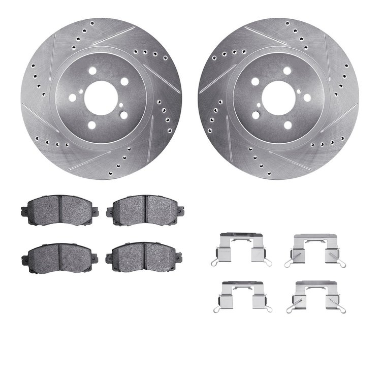 7312-13054 Drilled/Slotted Brake Rotor with 3000-Series Ceramic Brake Pads Kit & Hardware [Silver], Fits Select Subaru, Position