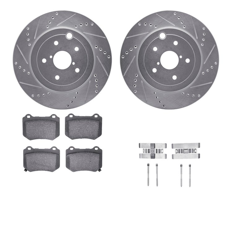 7312-13056 Drilled/Slotted Brake Rotor with 3000-Series Ceramic Brake Pads Kit & Hardware [Silver], 2018-2021 Subaru, Position: 