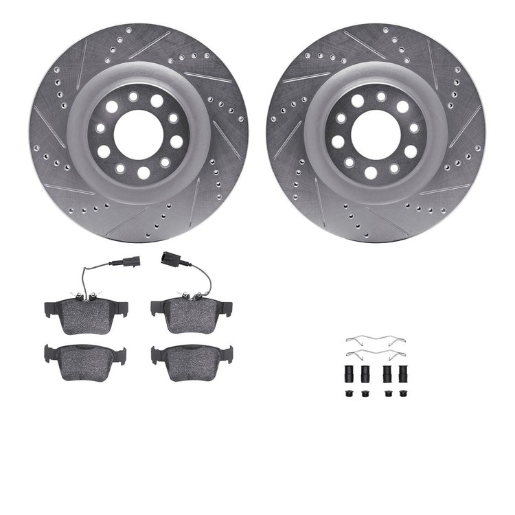 7312-16007 Drilled/Slotted Brake Rotor with 3000-Series Ceramic Brake Pads Kit & Hardware [Silver], 2017-2021 Alfa Romeo, Positi