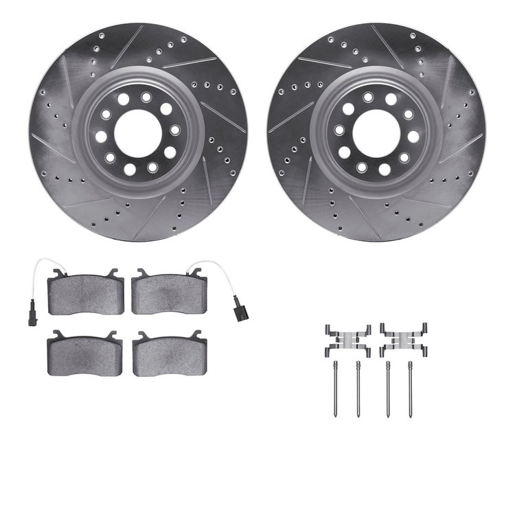 7312-16008 Drilled/Slotted Brake Rotor with 3000-Series Ceramic Brake Pads Kit & Hardware [Silver], 2017-2021 Alfa Romeo, Positi