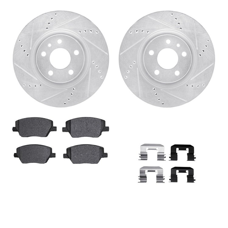 7312-16009 Drilled/Slotted Brake Rotor with 3000-Series Ceramic Brake Pads Kit & Hardware [Silver], 2017-2020 Mopar, Position: F