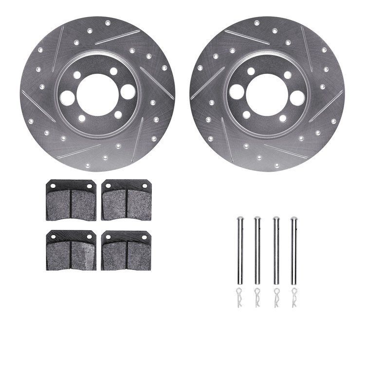 7312-20001 Drilled/Slotted Brake Rotor with 3000-Series Ceramic Brake Pads Kit & Hardware [Silver], 1968-1970 Jaguar, Position: 