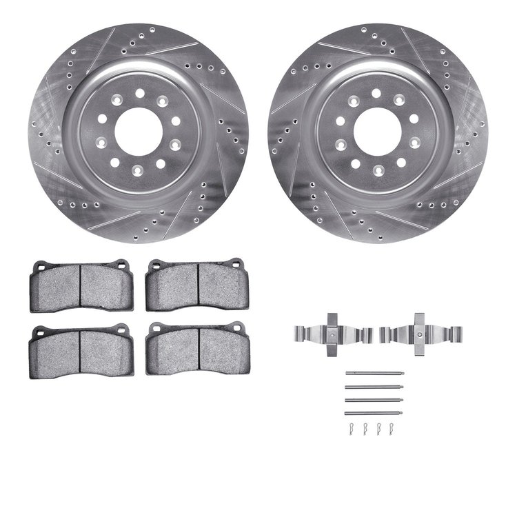 7312-20012 Drilled/Slotted Brake Rotor with 3000-Series Ceramic Brake Pads Kit & Hardware [Silver], 2000-2006 Jaguar, Position: 