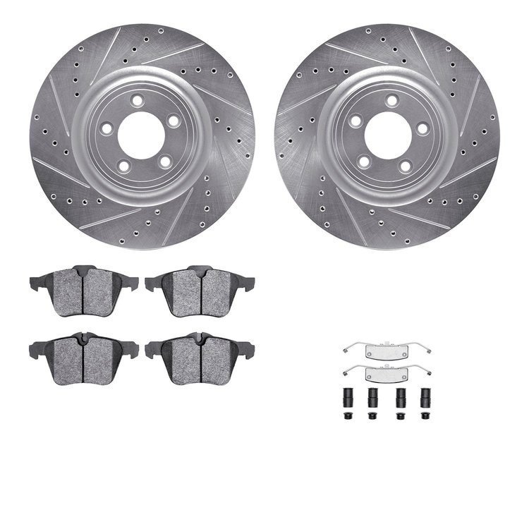 7312-20017 Drilled/Slotted Brake Rotor with 3000-Series Ceramic Brake Pads Kit & Hardware [Silver], 2009-2015 Jaguar, Position: 