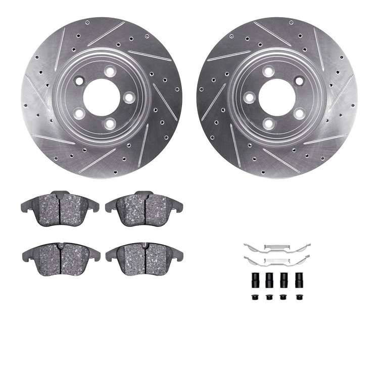 7312-20018 Drilled/Slotted Brake Rotor with 3000-Series Ceramic Brake Pads Kit & Hardware [Silver], 2006-2010 Jaguar, Position: 