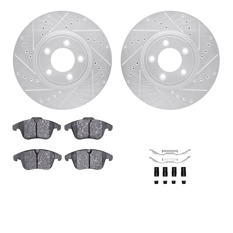 7312-20020 Drilled/Slotted Brake Rotor with 3000-Series Ceramic Brake Pads Kit & Hardware [Silver], 2006-2008 Jaguar, Position: 