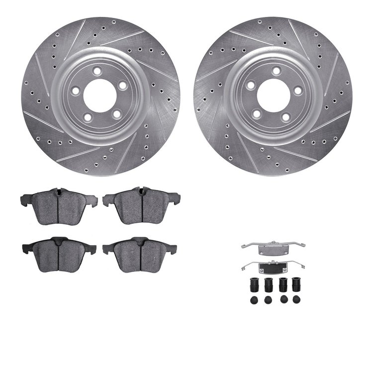 7312-20023 Drilled/Slotted Brake Rotor with 3000-Series Ceramic Brake Pads Kit & Hardware [Silver], 2013-2021 Jaguar, Position: 
