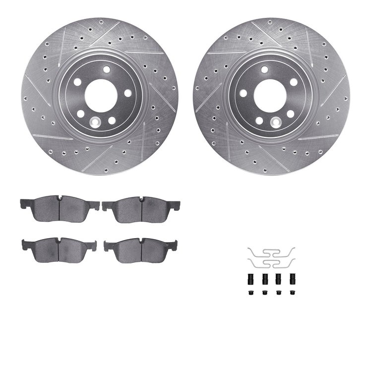 7312-20027 Drilled/Slotted Brake Rotor with 3000-Series Ceramic Brake Pads Kit & Hardware [Silver], 2017-2020 Jaguar, Position: 
