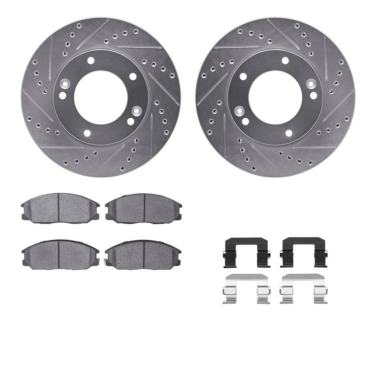 7312-21011 Drilled/Slotted Brake Rotor with 3000-Series Ceramic Brake Pads Kit & Hardware [Silver], 2007-2009 Kia/Hyundai/Genesi