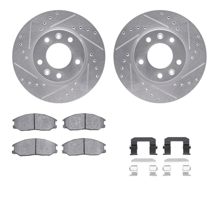 7312-21014 Drilled/Slotted Brake Rotor with 3000-Series Ceramic Brake Pads Kit & Hardware [Silver], 2002-2002 Kia/Hyundai/Genesi
