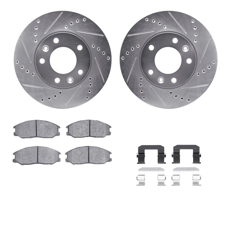 7312-21015 Drilled/Slotted Brake Rotor with 3000-Series Ceramic Brake Pads Kit & Hardware [Silver], 2003-2003 Kia/Hyundai/Genesi
