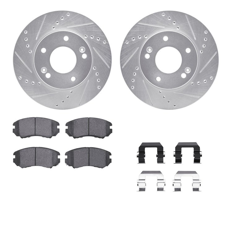 7312-21017 Drilled/Slotted Brake Rotor with 3000-Series Ceramic Brake Pads Kit & Hardware [Silver], 2010-2011 Kia/Hyundai/Genesi