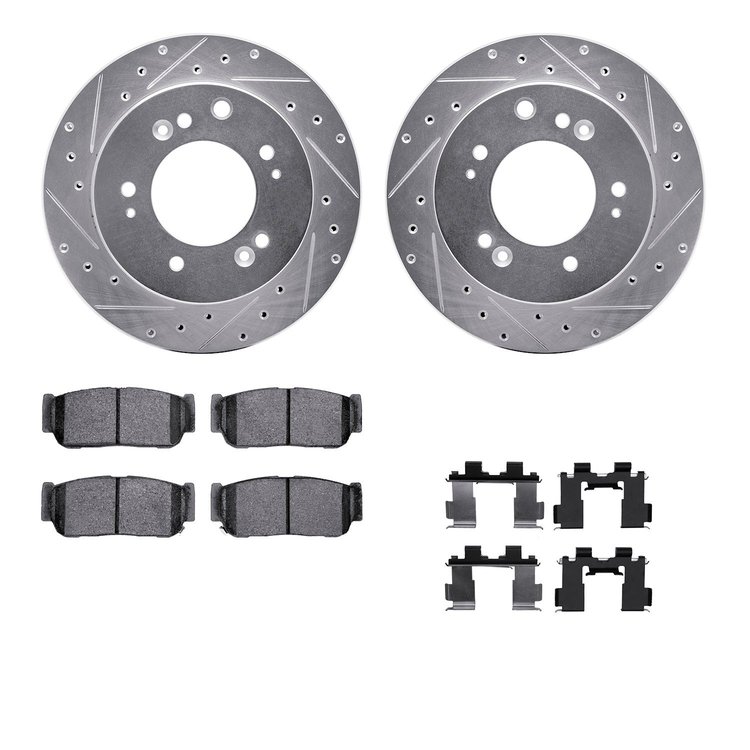 7312-21020 Drilled/Slotted Brake Rotor with 3000-Series Ceramic Brake Pads Kit & Hardware [Silver], 2007-2009 Kia/Hyundai/Genesi