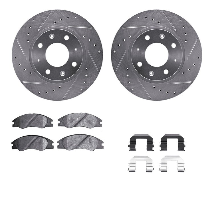7312-21021 Drilled/Slotted Brake Rotor with 3000-Series Ceramic Brake Pads Kit & Hardware [Silver], 2004-2009 Kia/Hyundai/Genesi
