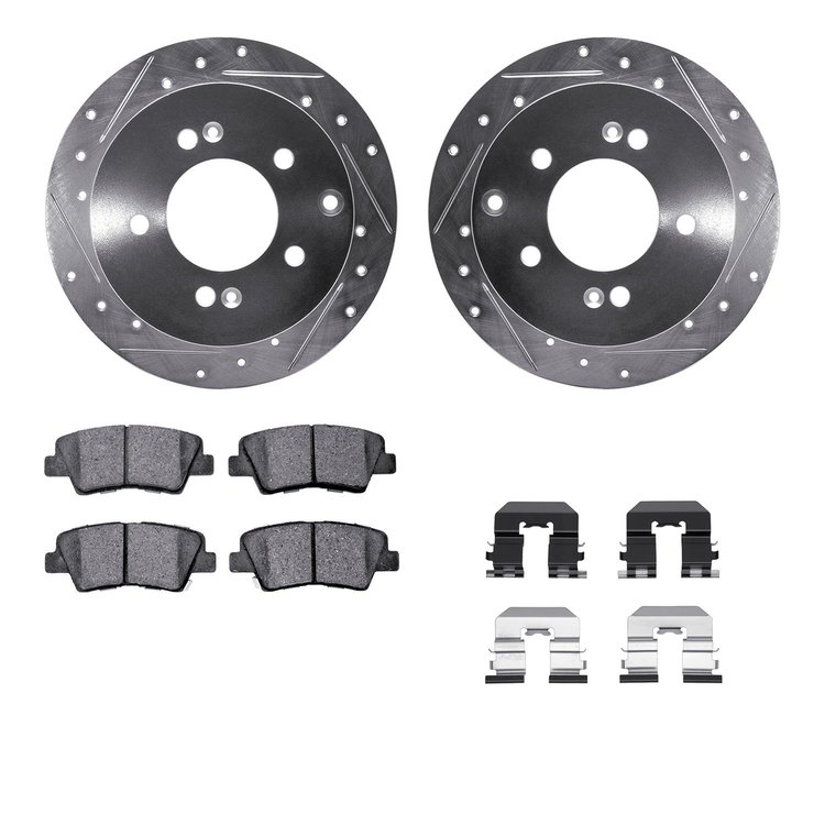 7312-21028 Drilled/Slotted Brake Rotor with 3000-Series Ceramic Brake Pads Kit & Hardware [Silver], 2010-2013 Kia/Hyundai/Genesi