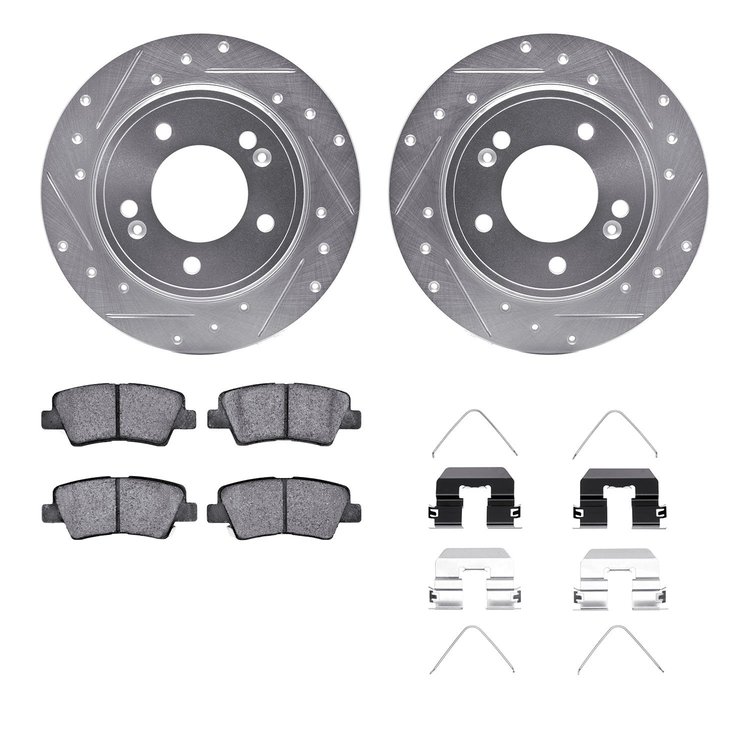 7312-21034 Drilled/Slotted Brake Rotor with 3000-Series Ceramic Brake Pads Kit & Hardware [Silver], Fits Select Kia/Hyundai/Gene