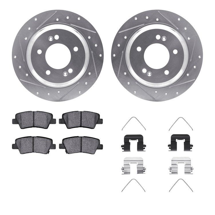 7312-21035 Drilled/Slotted Brake Rotor with 3000-Series Ceramic Brake Pads Kit & Hardware [Silver], Fits Select Kia/Hyundai/Gene