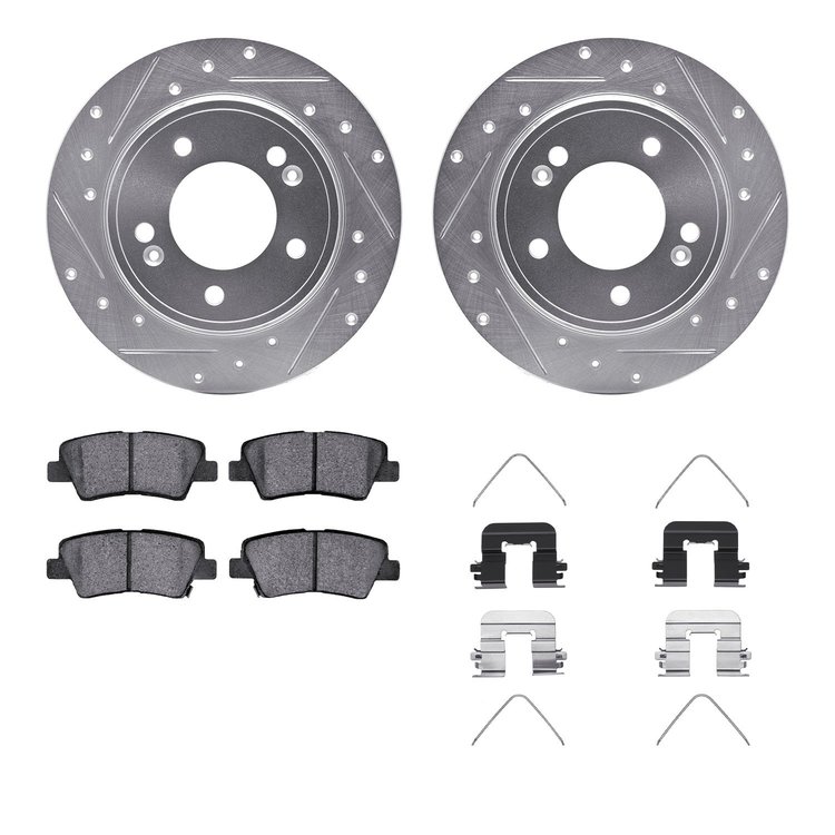 7312-21036 Drilled/Slotted Brake Rotor with 3000-Series Ceramic Brake Pads Kit & Hardware [Silver], Fits Select Kia/Hyundai/Gene