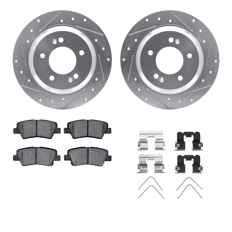 7312-21037 Drilled/Slotted Brake Rotor with 3000-Series Ceramic Brake Pads Kit & Hardware [Silver], 2018-2020 Kia/Hyundai/Genesi