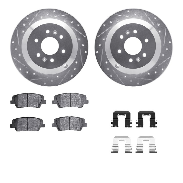 7312-21041 Drilled/Slotted Brake Rotor with 3000-Series Ceramic Brake Pads Kit & Hardware [Silver], 2009-2010 Kia/Hyundai/Genesi