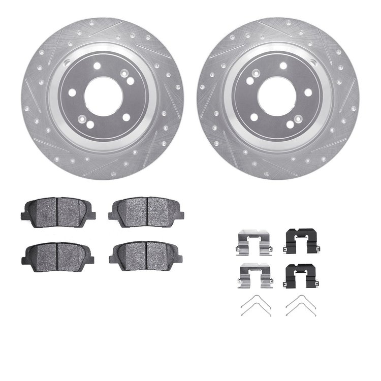 7312-21043 Drilled/Slotted Brake Rotor with 3000-Series Ceramic Brake Pads Kit & Hardware [Silver], Fits Select Kia/Hyundai/Gene