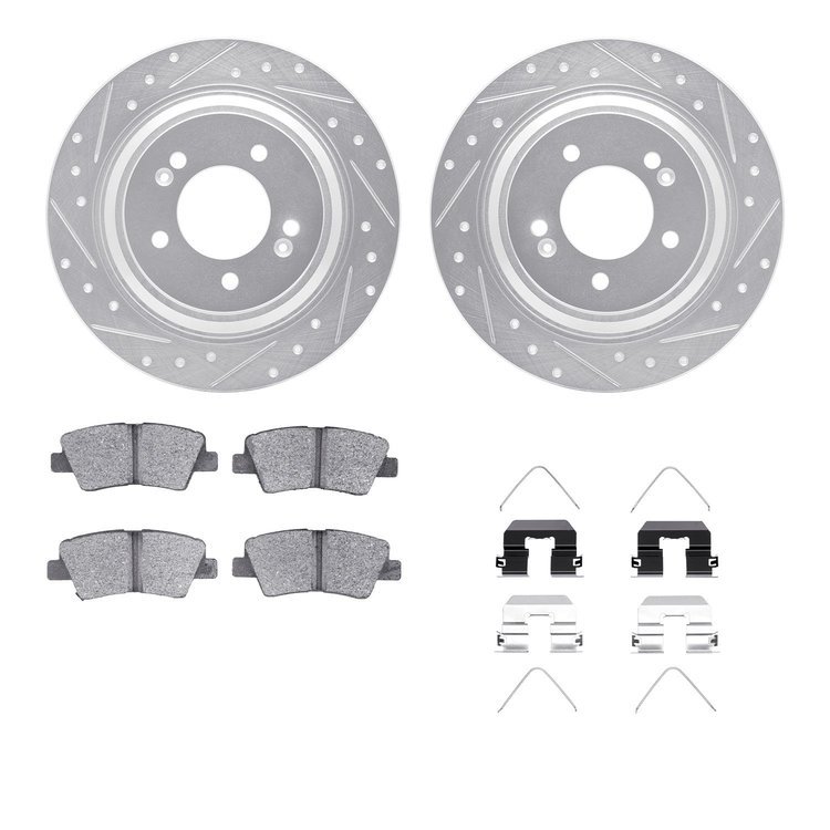 7312-21046 Drilled/Slotted Brake Rotor with 3000-Series Ceramic Brake Pads Kit & Hardware [Silver], 2017-2020 Kia/Hyundai/Genesi