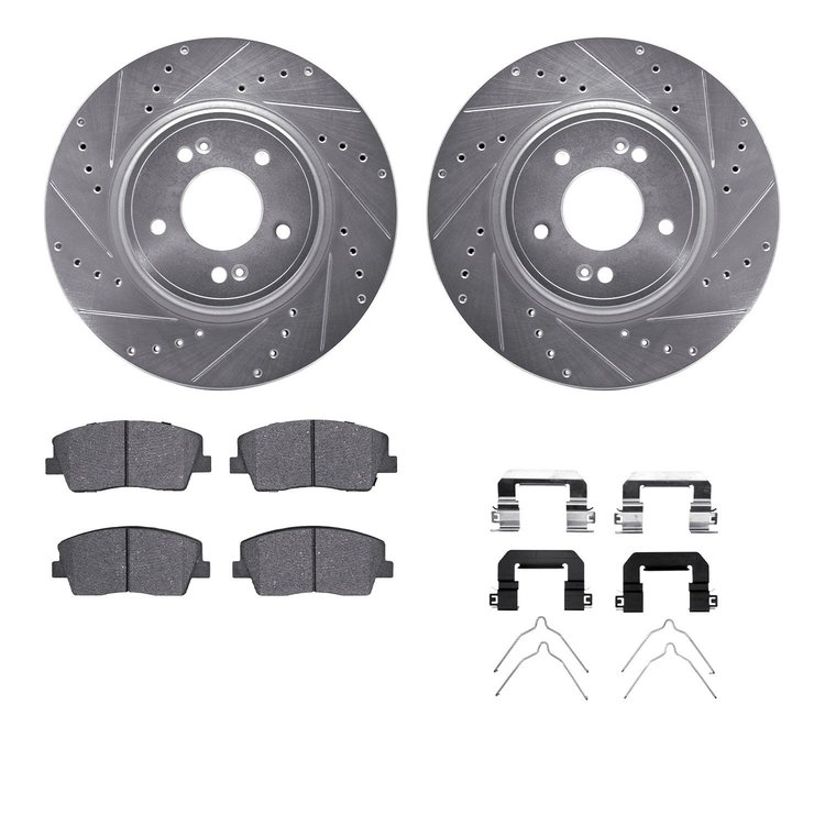 7312-21048 Drilled/Slotted Brake Rotor with 3000-Series Ceramic Brake Pads Kit & Hardware [Silver], Fits Select Kia/Hyundai/Gene