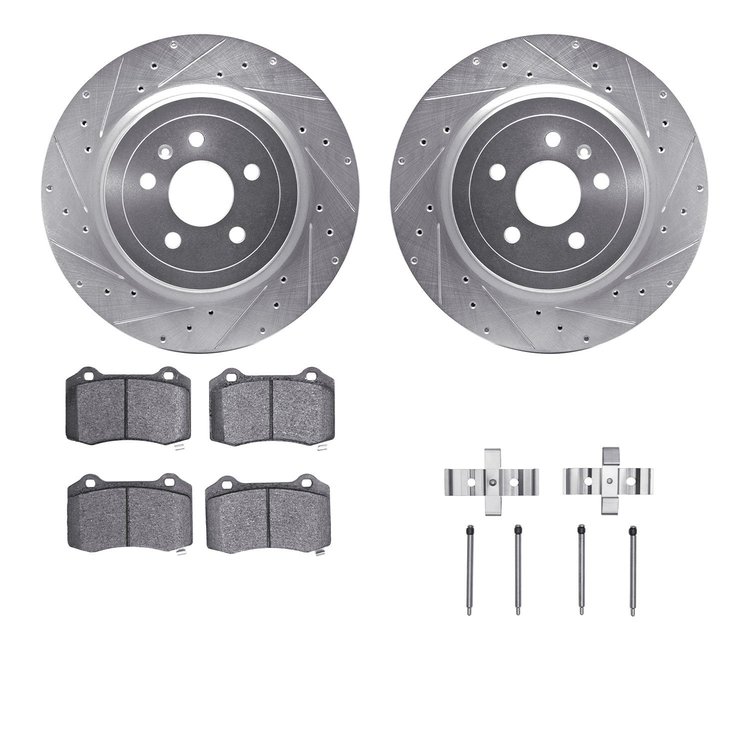7312-26002 Drilled/Slotted Brake Rotor with 3000-Series Ceramic Brake Pads Kit & Hardware [Silver], 2012-2020 Tesla, Position: R