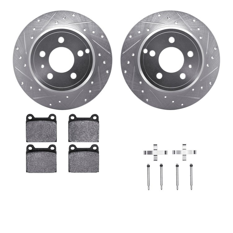 7312-27003 Drilled/Slotted Brake Rotor with 3000-Series Ceramic Brake Pads Kit & Hardware [Silver], 1996-2004 Volvo, Position: R