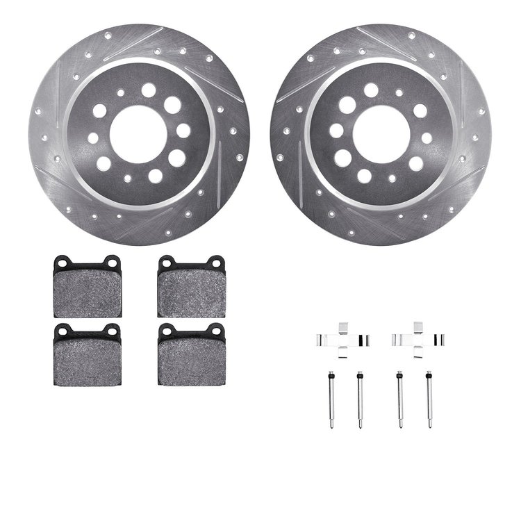 7312-27004 Drilled/Slotted Brake Rotor with 3000-Series Ceramic Brake Pads Kit & Hardware [Silver], 1967-1974 Volvo, Position: R