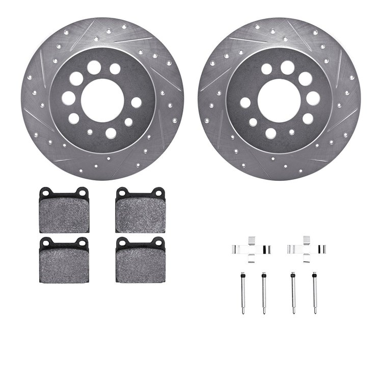 7312-27005 Drilled/Slotted Brake Rotor with 3000-Series Ceramic Brake Pads Kit & Hardware [Silver], 1974-1975 Volvo, Position: R