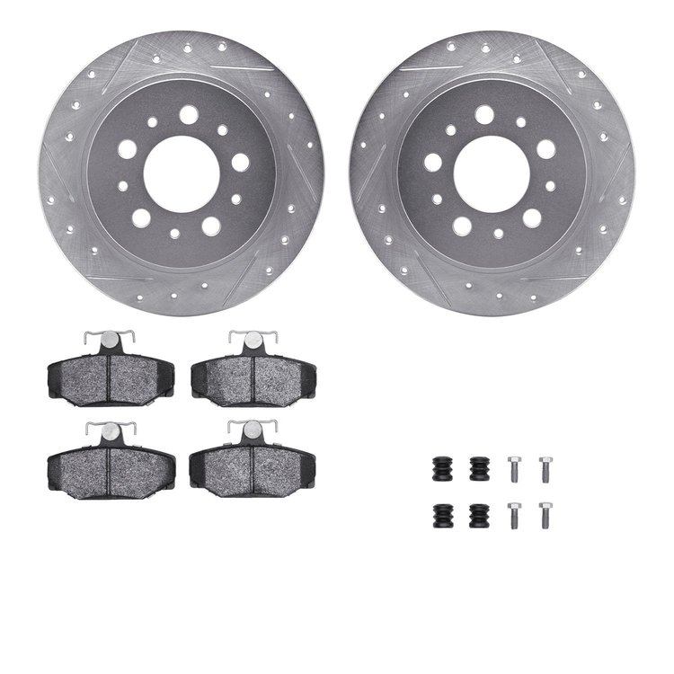 7312-27026 Drilled/Slotted Brake Rotor with 3000-Series Ceramic Brake Pads Kit & Hardware [Silver], 1988-1994 Volvo, Position: R