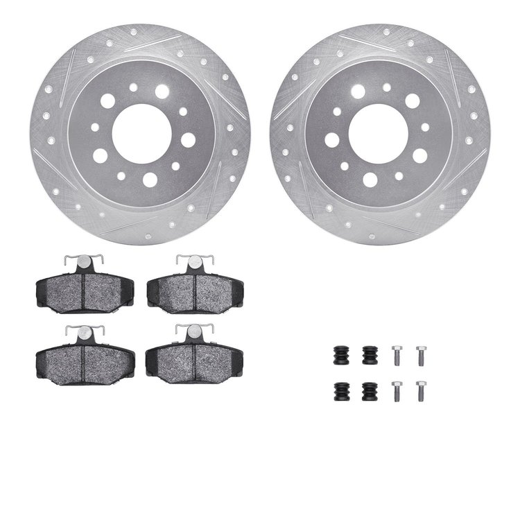 7312-27028 Drilled/Slotted Brake Rotor with 3000-Series Ceramic Brake Pads Kit & Hardware [Silver], 1995-1997 Volvo, Position: R
