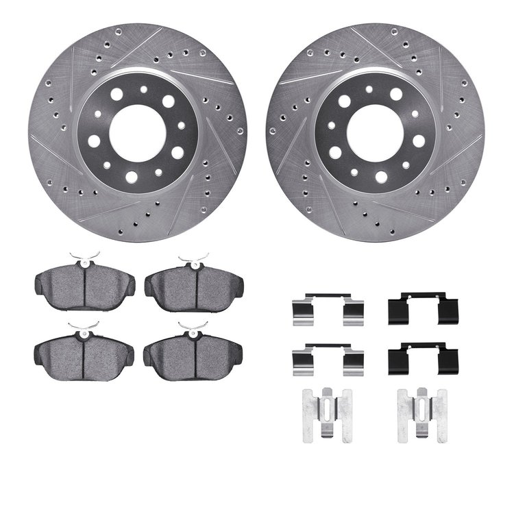 7312-27035 Drilled/Slotted Brake Rotor with 3000-Series Ceramic Brake Pads Kit & Hardware [Silver], 1991-1995 Volvo, Position: F