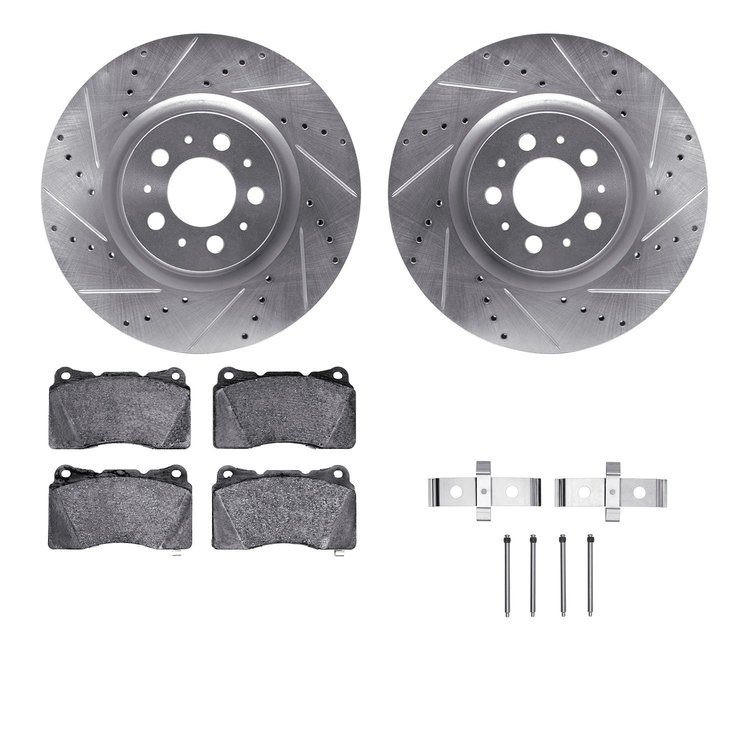7312-27054 Drilled/Slotted Brake Rotor with 3000-Series Ceramic Brake Pads Kit & Hardware [Silver], 2004-2007 Volvo, Position: F