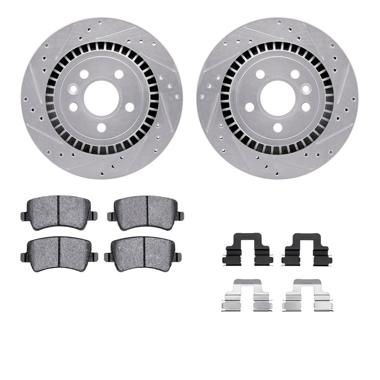 7312-27068 Drilled/Slotted Brake Rotor with 3000-Series Ceramic Brake Pads Kit & Hardware [Silver], 2008-2016 Volvo, Position: R