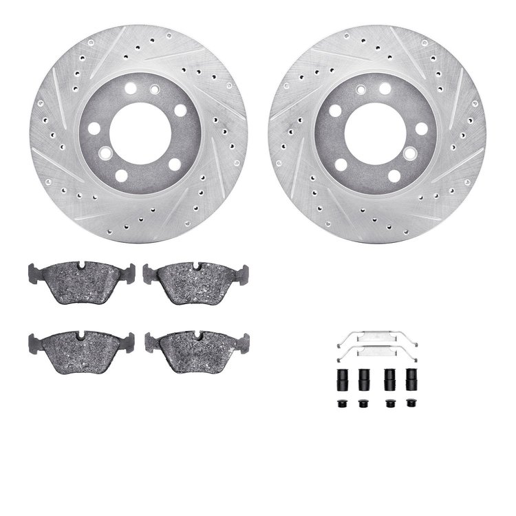 7312-31020 Drilled/Slotted Brake Rotor with 3000-Series Ceramic Brake Pads Kit & Hardware [Silver], 1987-1995 BMW, Position: Fro