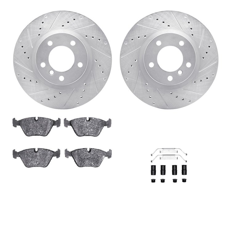 7312-31023 Drilled/Slotted Brake Rotor with 3000-Series Ceramic Brake Pads Kit & Hardware [Silver], 1995-2002 BMW, Position: Fro