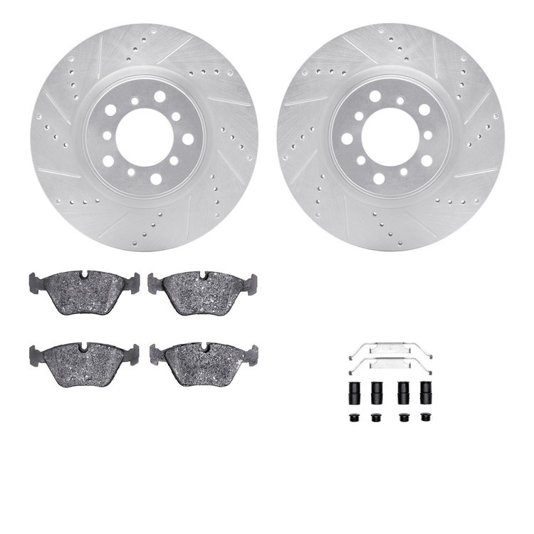 7312-31024 Drilled/Slotted Brake Rotor with 3000-Series Ceramic Brake Pads Kit & Hardware [Silver], 2001-2005 BMW, Position: Fro