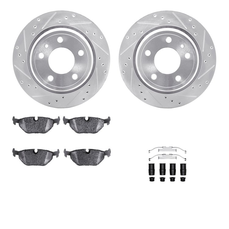 7312-31027 Drilled/Slotted Brake Rotor with 3000-Series Ceramic Brake Pads Kit & Hardware [Silver], 1988-1994 BMW, Position: Rea